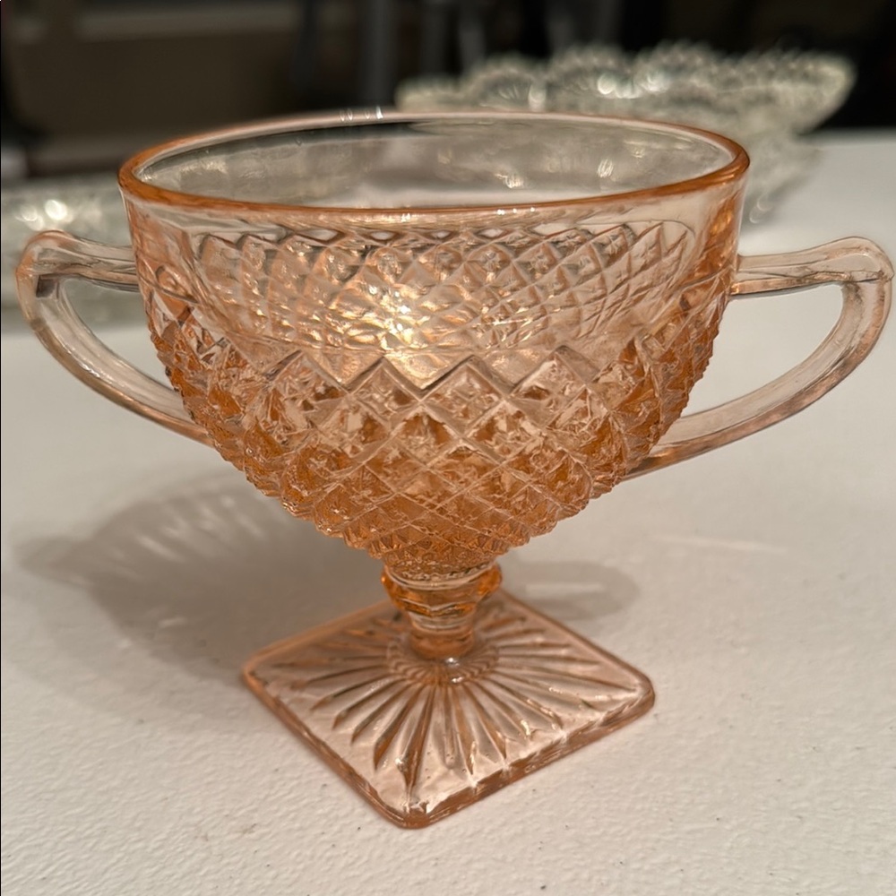 “Miss America” depression Pink Glass Sugar Bowl with Handles
   Anchor Hocking